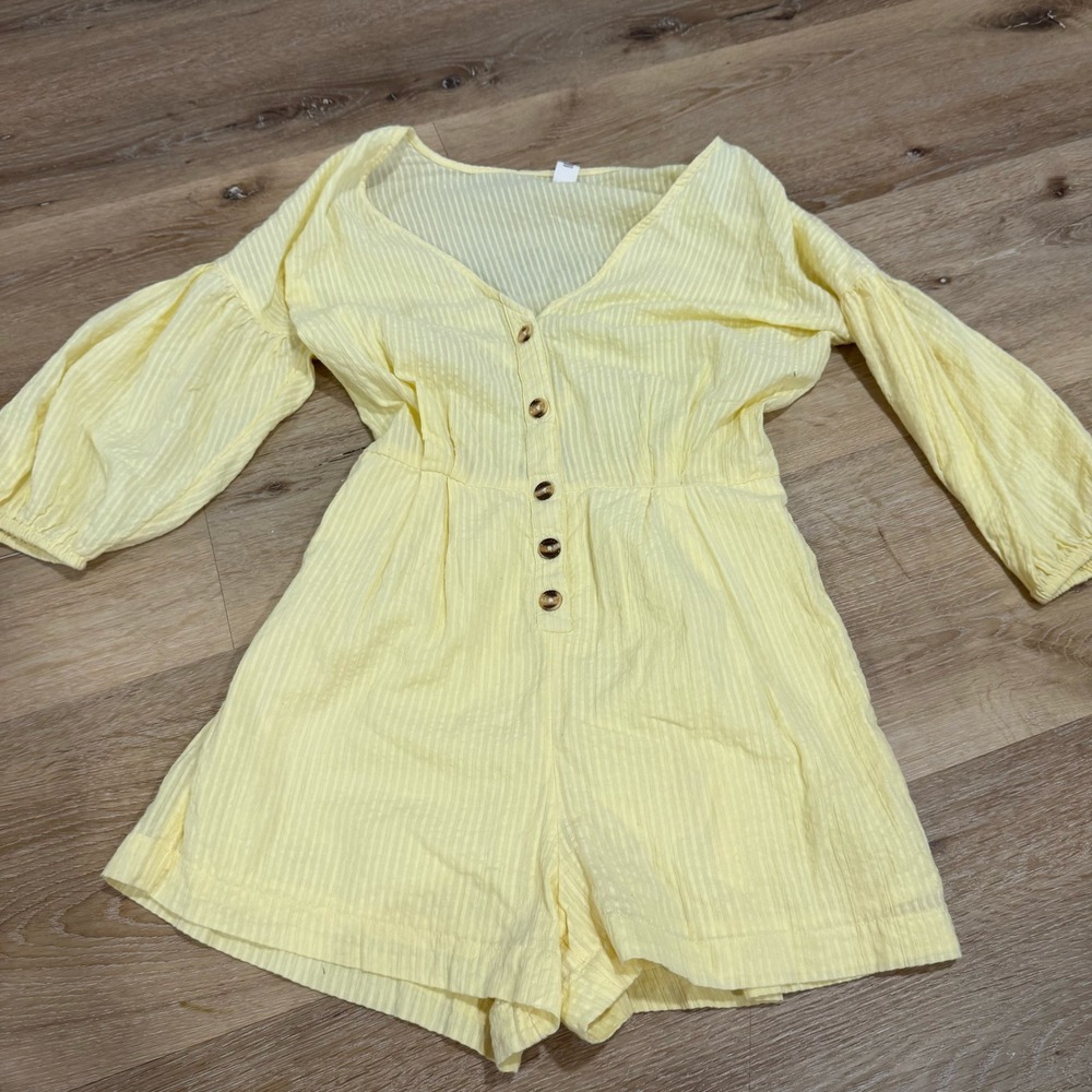 Billabong Womens Yellow Striped Button Front Long Sleeve Romper Size Small